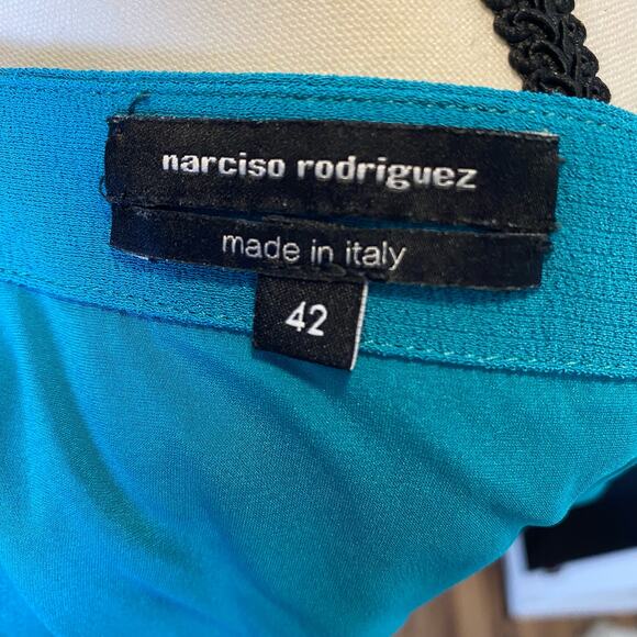 Narciso Rodriguez Teal and Black Silk Belted Drape Style Mini Dress Size 6 Women - Picture 12 of 16